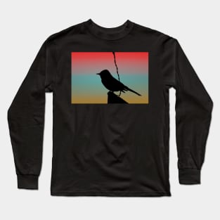 Black Phoebe on Sign Silhouette on Tuscan Sunset Long Sleeve T-Shirt